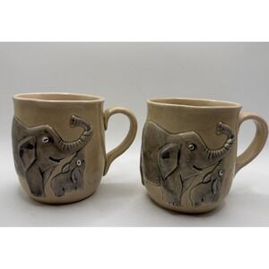 Set of 2 Otagiri Japan Elephant Relief Coffee Mugs Beige Gray Vintage